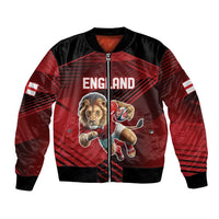 Red and black bomber jacket with full-zip front and lion mascot graphic on chest
