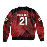 Red and black bomber jacket back with Your Text 21 graphic and ribbed cuffs
