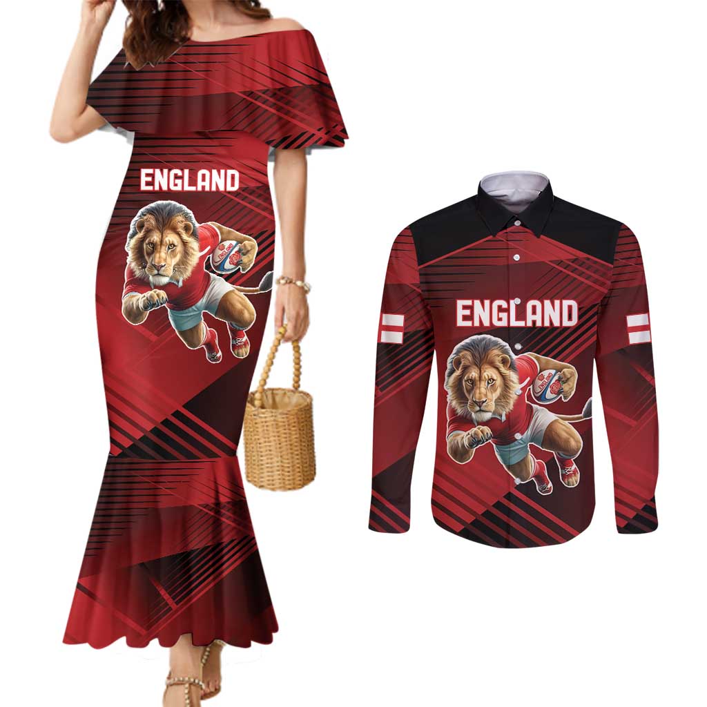 England Rugby Custom Couples Matching Mermaid Dress and Long Sleeve Button Shirt Lion Mascot Sporty