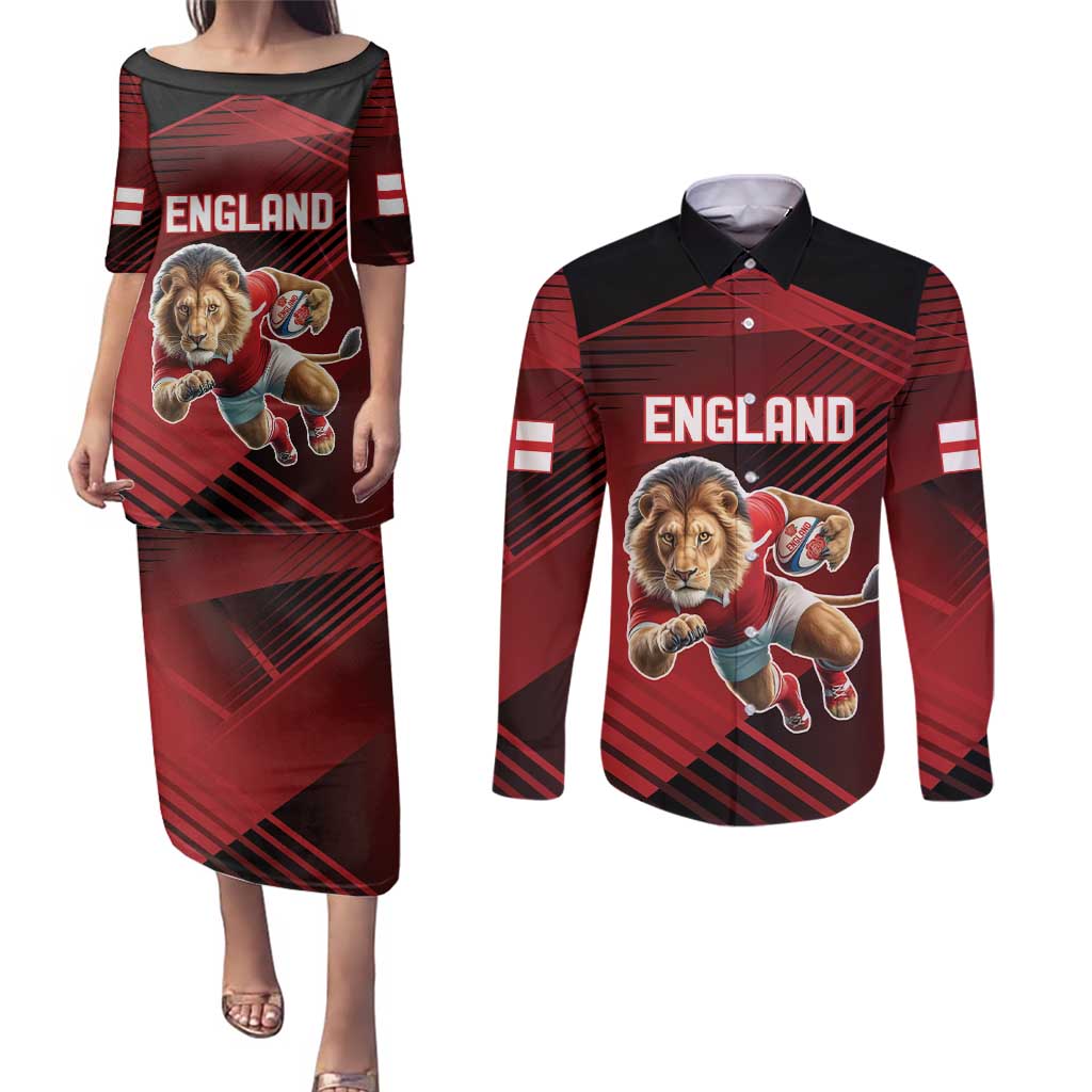 England Rugby Custom Couples Matching Puletasi and Long Sleeve Button Shirt Lion Mascot Sporty