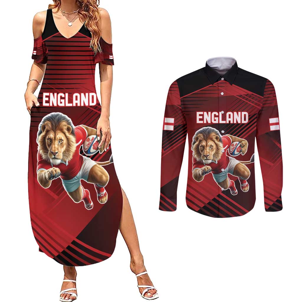 England Rugby Custom Couples Matching Summer Maxi Dress and Long Sleeve Button Shirt Lion Mascot Sporty