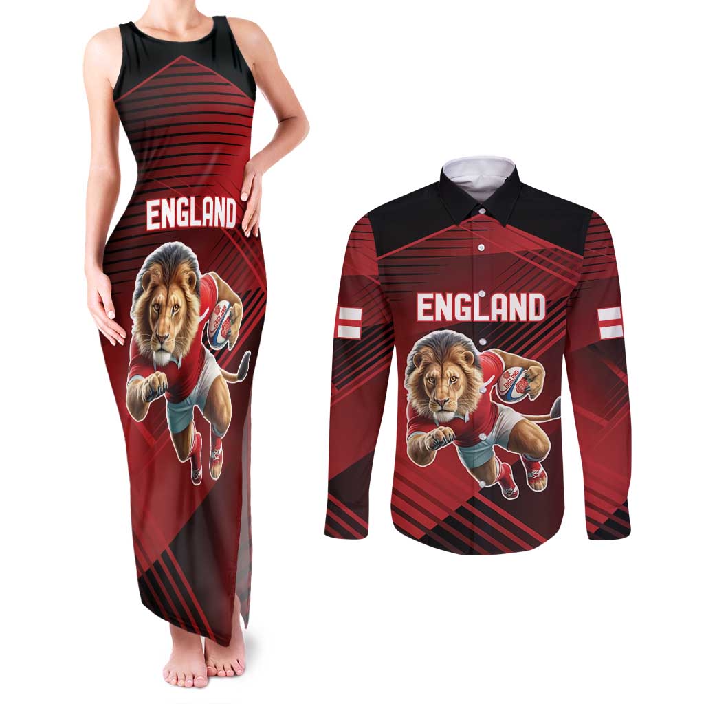 England Rugby Custom Couples Matching Tank Maxi Dress and Long Sleeve Button Shirt Lion Mascot Sporty