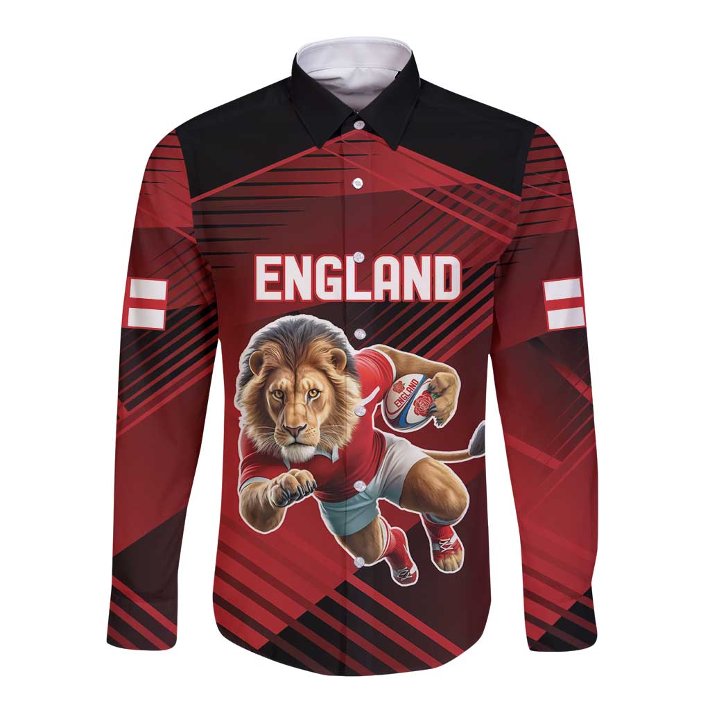Red long-sleeve button rugby shirt with England lion mascot front graphic