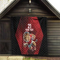 Custom quilt blanket with lion mascot and 21 YOUR TEXT, red diamond on black