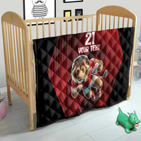 Custom quilt blanket with lion mascot, 21 YOUR TEXT on red-and-black quilt