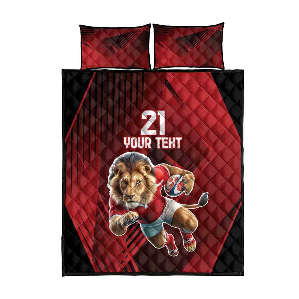 Red quilt bed set with lion mascot, '21' and 'YOUR TEXT', plus two pillowcases