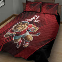 Red quilt bed set with lion mascot and '21 YOUR TEXT', shown on bed with pillows