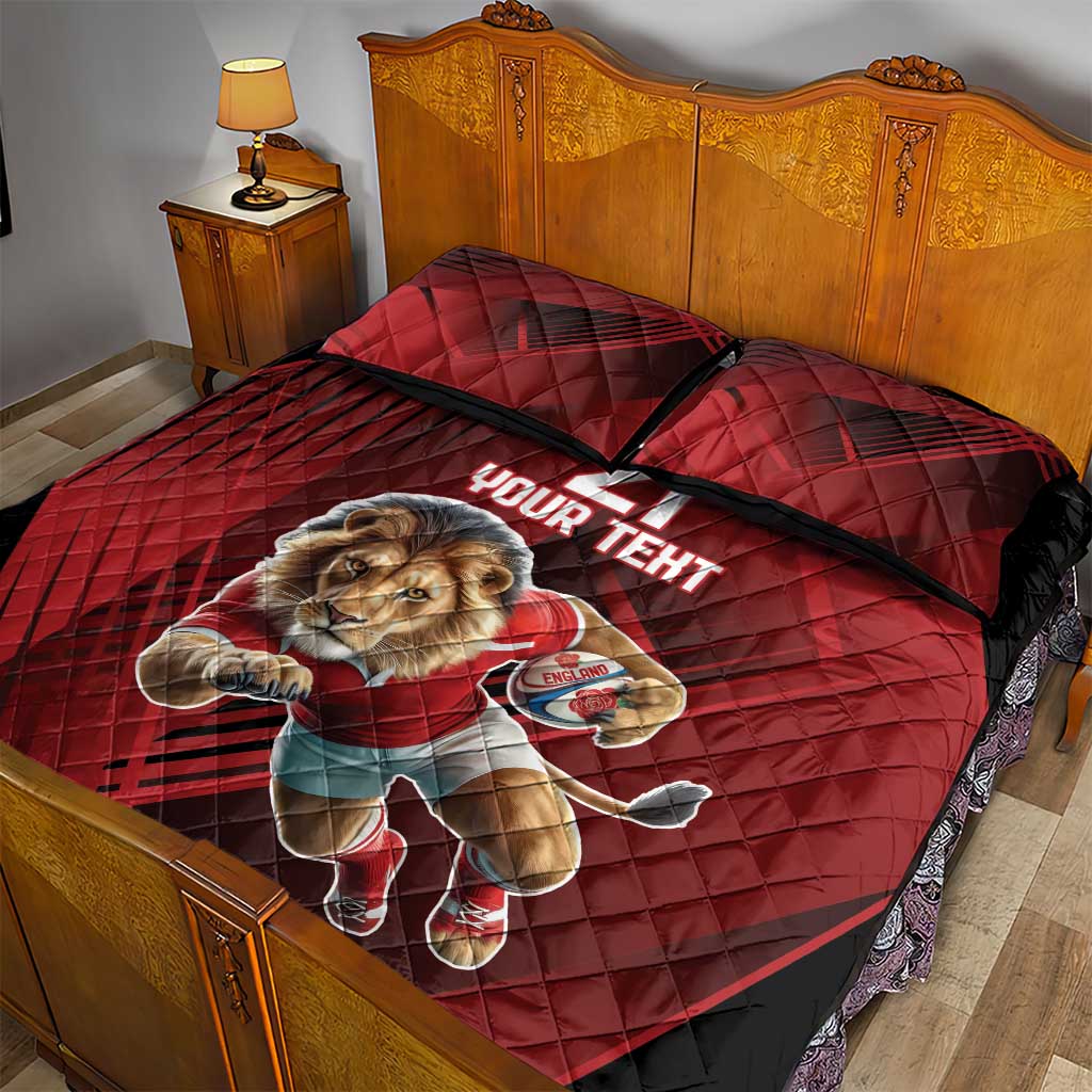 Red quilt bed set with lion mascot graphic and 'YOUR TEXT', quilt with two pillows