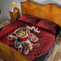 Red quilt bed set with lion mascot graphic and 'YOUR TEXT', quilt with two pillows
