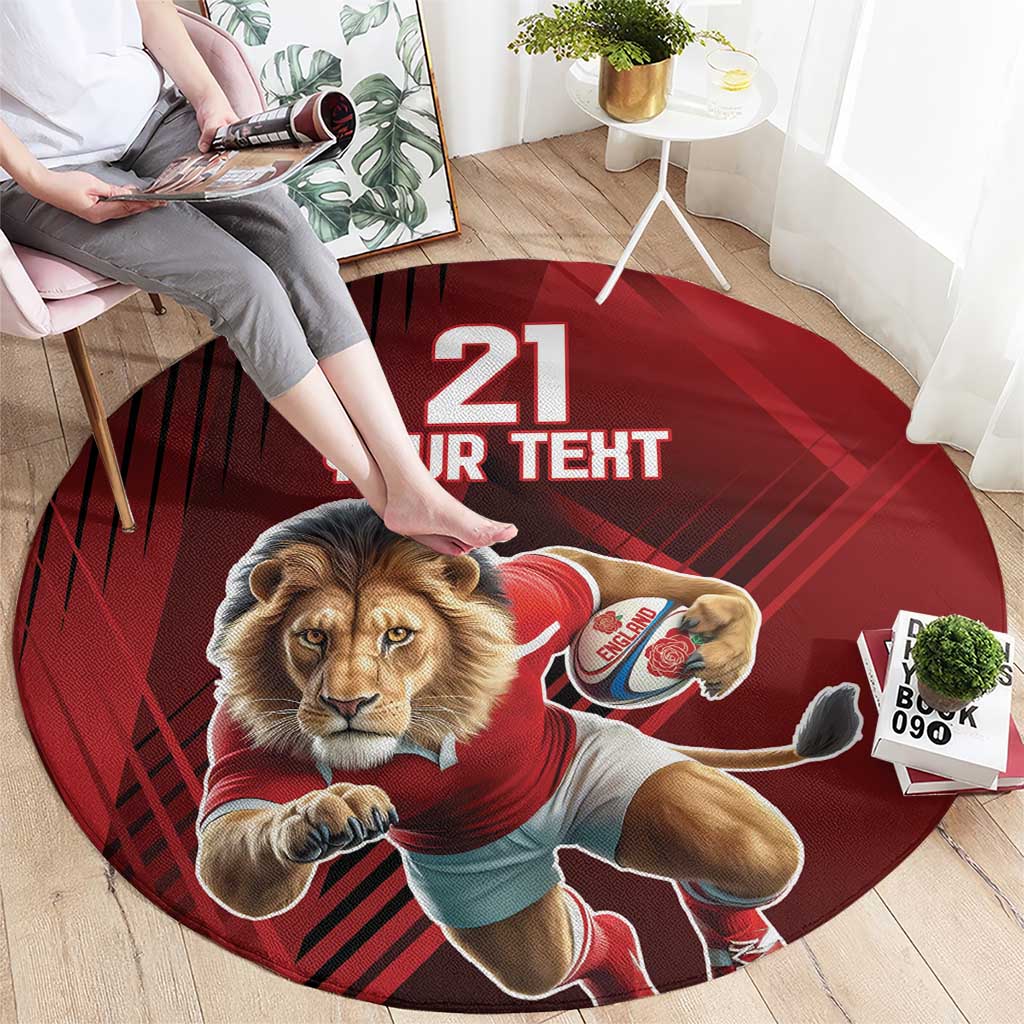 Red circular lion mascot sports rug with “21 YOUR TERT” lettering and jersey graphic