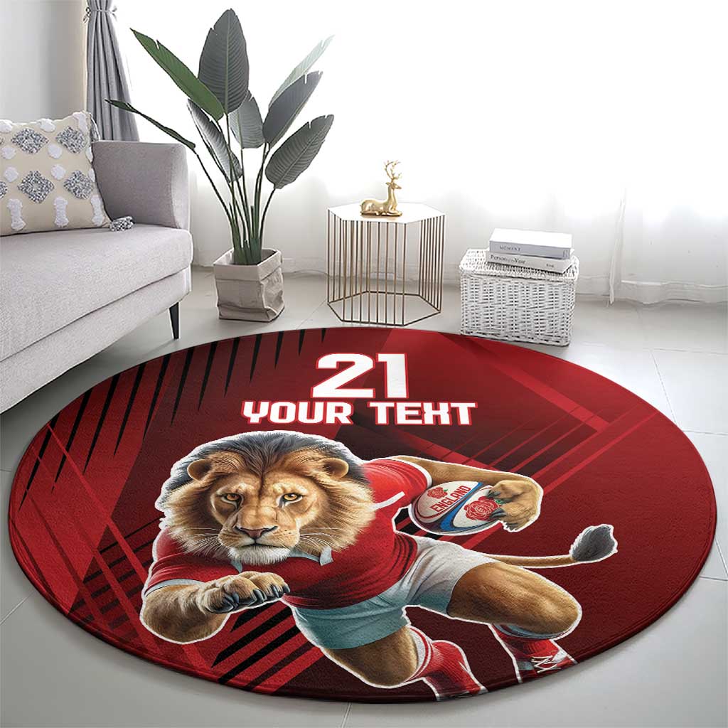 Red round rug featuring a lion mascot with a rugby ball and “21 YOUR TERT”