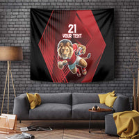 Black and red lion mascot sports tapestry wall hanging with '21 YOUR TEXT' text