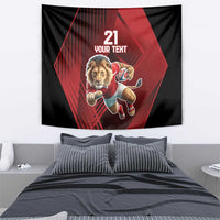 Lion mascot sports tapestry wall hanging in black and red, with '21 YOUR TEXT' centered