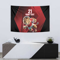 Black and red lion mascot tapestry wall hanging with running lion and '21 YOUR TEXT'