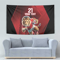 Lion mascot sports tapestry wall hanging, black backing with red geometric panel and '21 YOUR TEXT'
