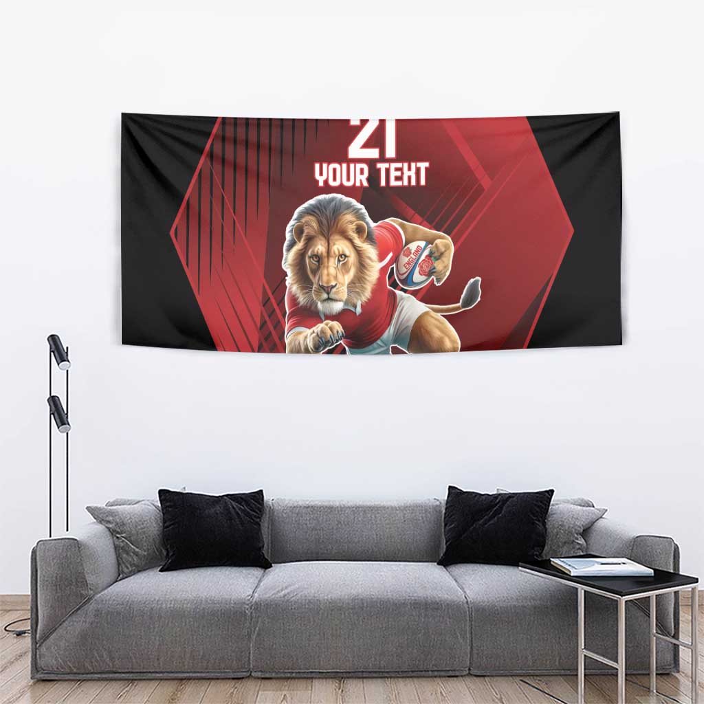 Rectangular black and red lion mascot tapestry wall hanging with '21 YOUR TEXT' and running lion