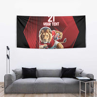 Rectangular black and red lion mascot tapestry wall hanging with '21 YOUR TEXT' and running lion