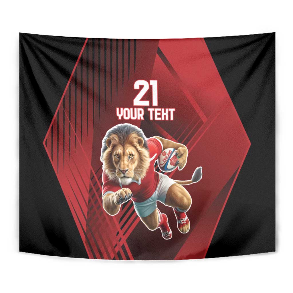 Lion mascot tapestry wall hanging in black and red with '21 YOUR TEXT' and red geometric shapes