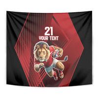 Lion mascot tapestry wall hanging in black and red with '21 YOUR TEXT' and red geometric shapes