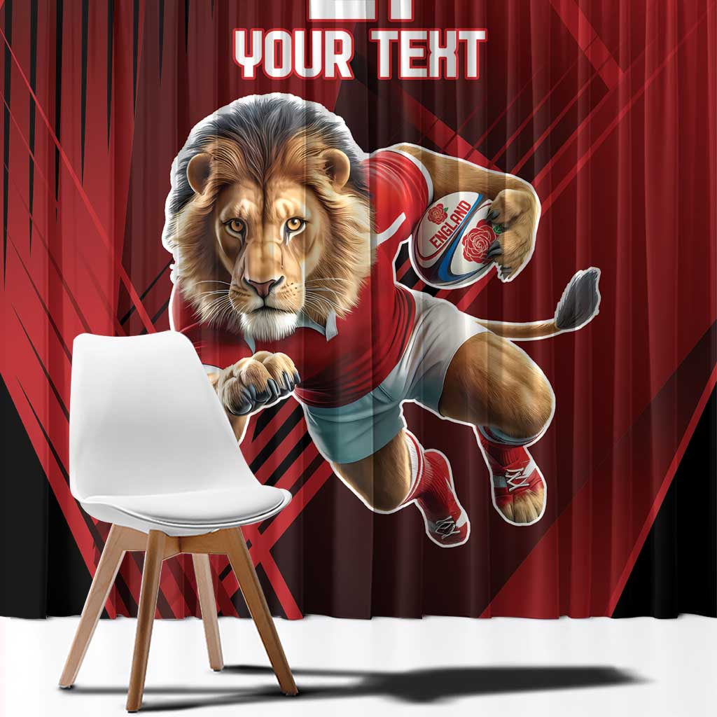 Red and black curtain panel featuring lion mascot and rugby player in action