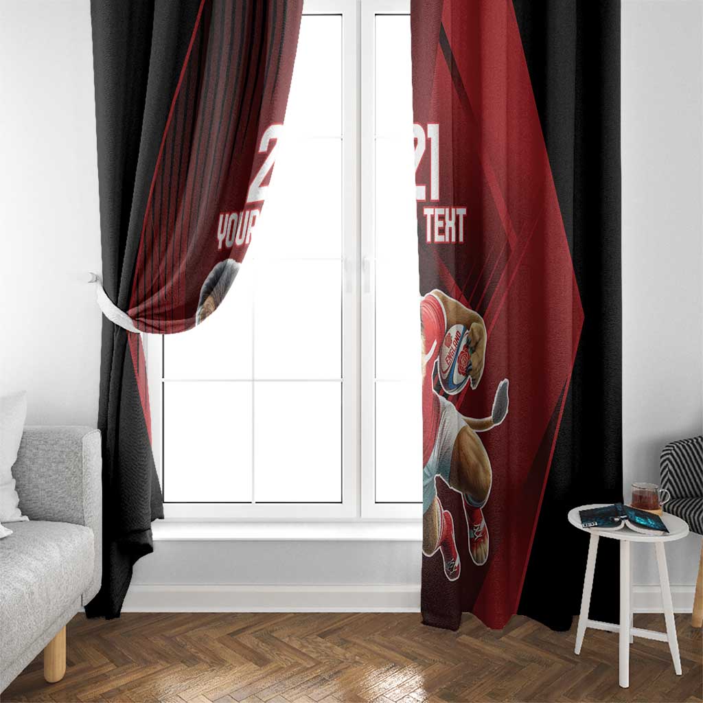 Red and black window curtains with lion mascot and rugby player printed design
