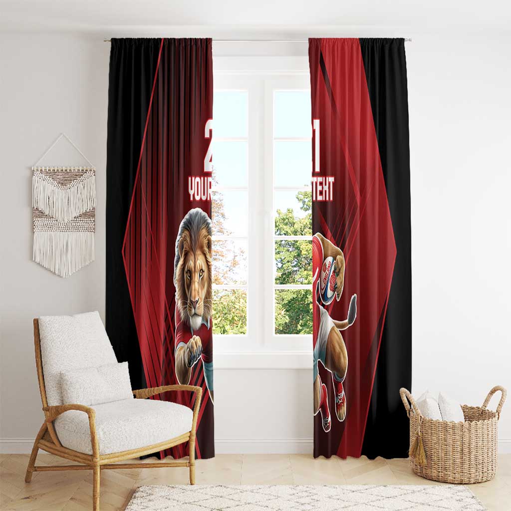 Lion and rugby player motif on red and black hanging window curtains