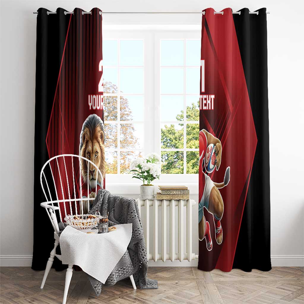 Red and black curtain pair with lion mascot on one panel and rugby player on the other