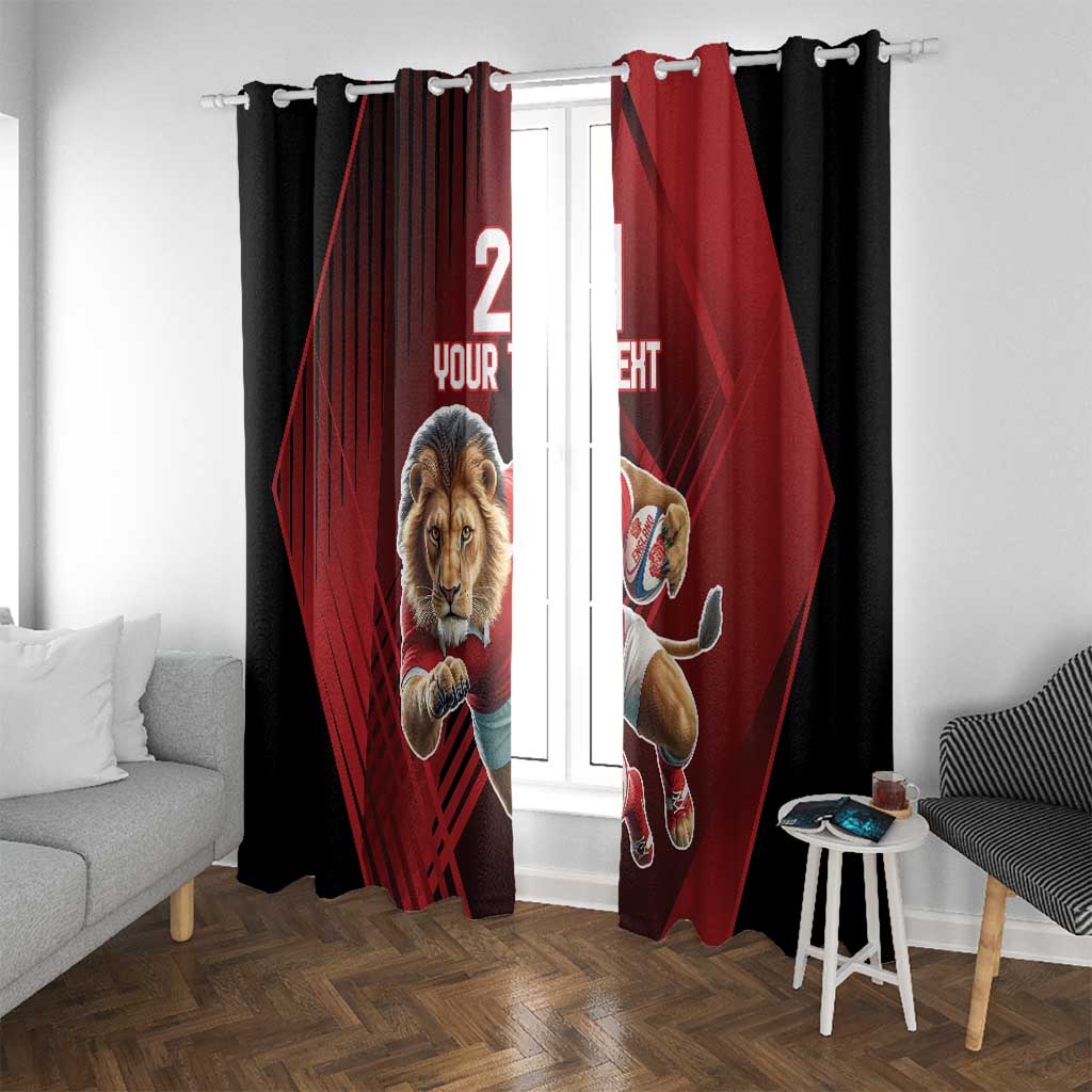 Red and black window curtain set with lion mascot and rugby player graphics