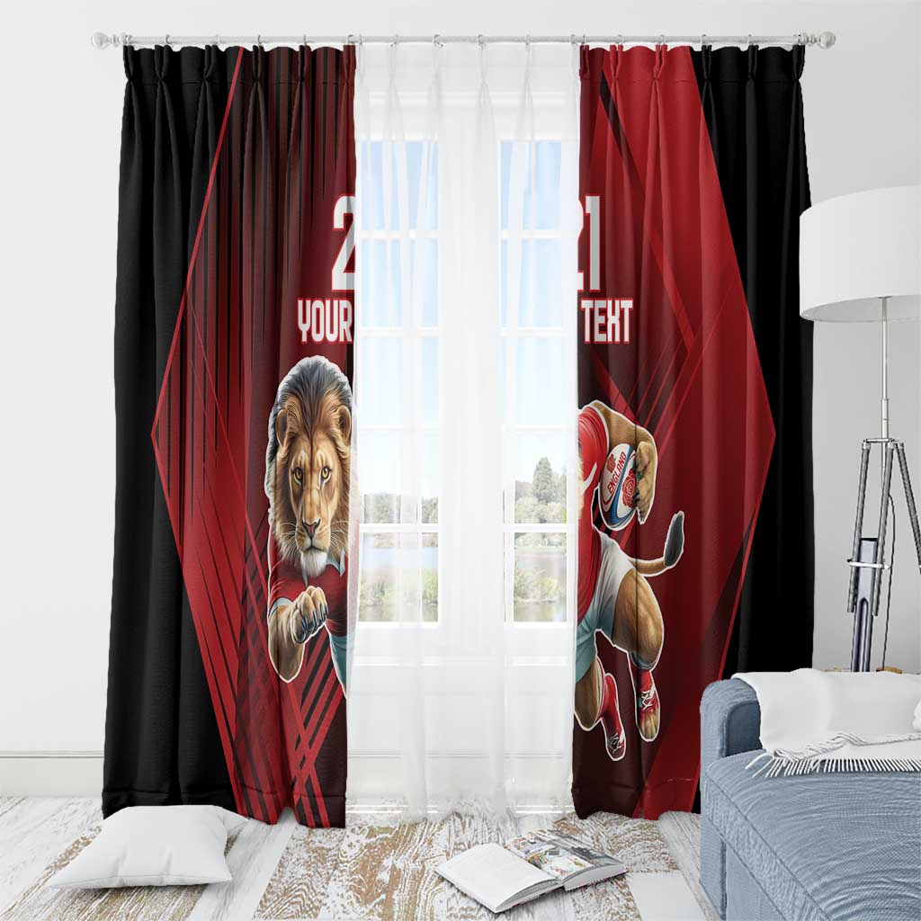 Red and black hanging window curtains with lion mascot and rugby player print