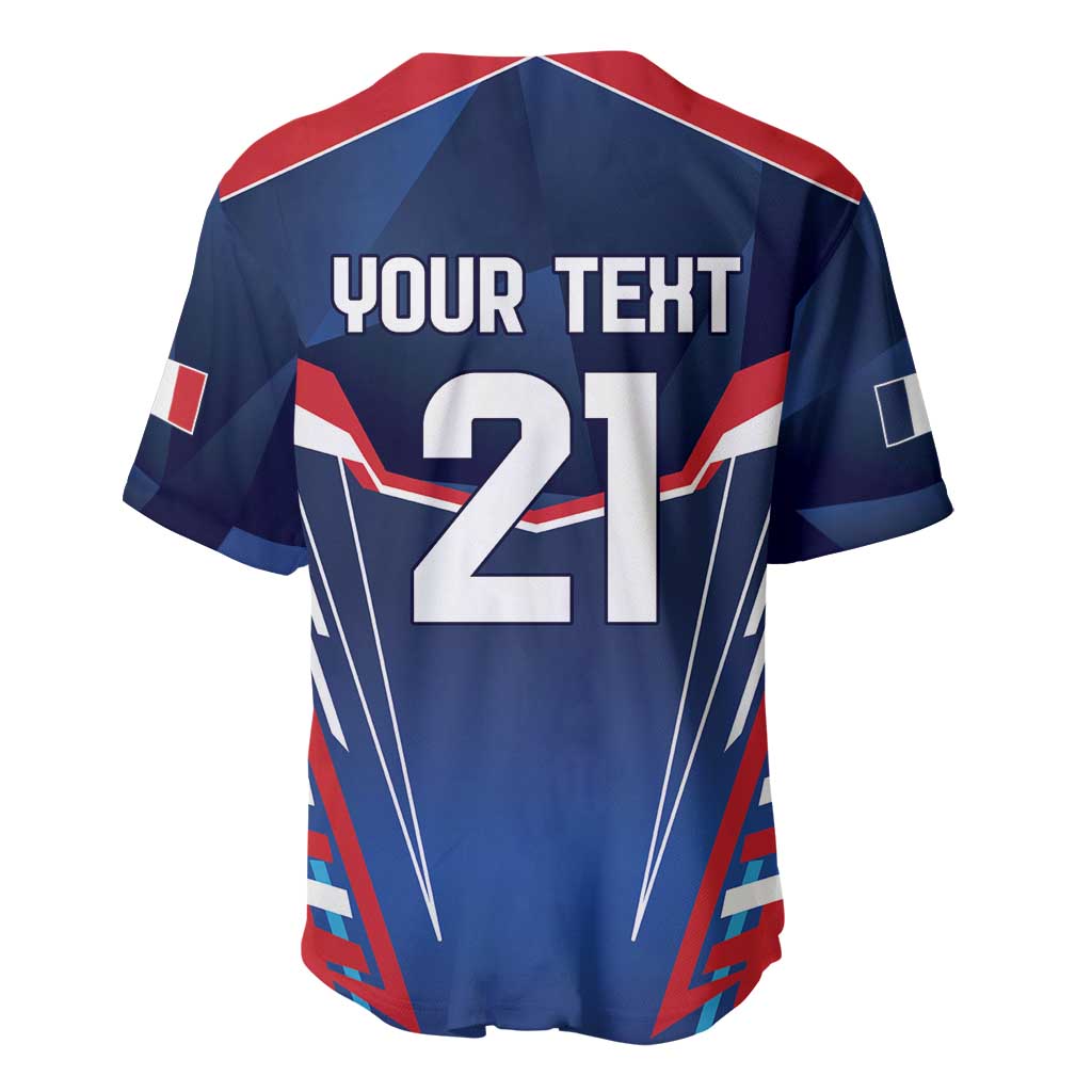 Blue rugby custom baseball jersey back, 'YOUR TEXT' and '21' with red/white stripes