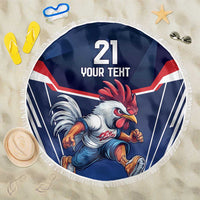 Round blue beach blanket with white fringe, rooster graphic, and “21 YOUR TEXT”