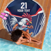 Round blue beach blanket with white fringe, rooster graphic, “21 YOUR TEXT” print