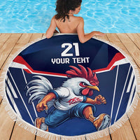 Round blue beach blanket with white fringe, rooster artwork and “21 YOUR TEXT” text