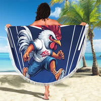 Round blue beach blanket with white fringe, navy rooster design and “21 YOUR TEXT”