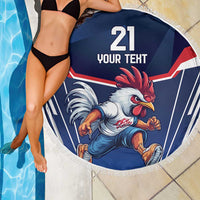 Round blue beach blanket with white fringe, rooster graphic and “21 YOUR TEXT” wording