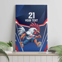 Blue canvas wall art with running rooster, number 21, red and white diagonal bands