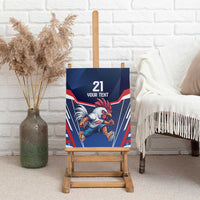 Blue canvas wall art featuring running rooster and number 21, displayed on easel