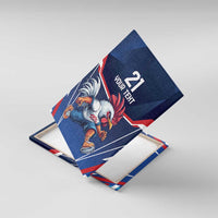 Blue canvas wall art mockup with running rooster and number 21, stacked canvases