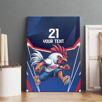 Blue canvas wall art with running rooster illustration, number 21, red white border