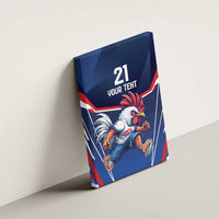 Blue canvas wall art on wall with running rooster, number 21 and red white diagonal bands