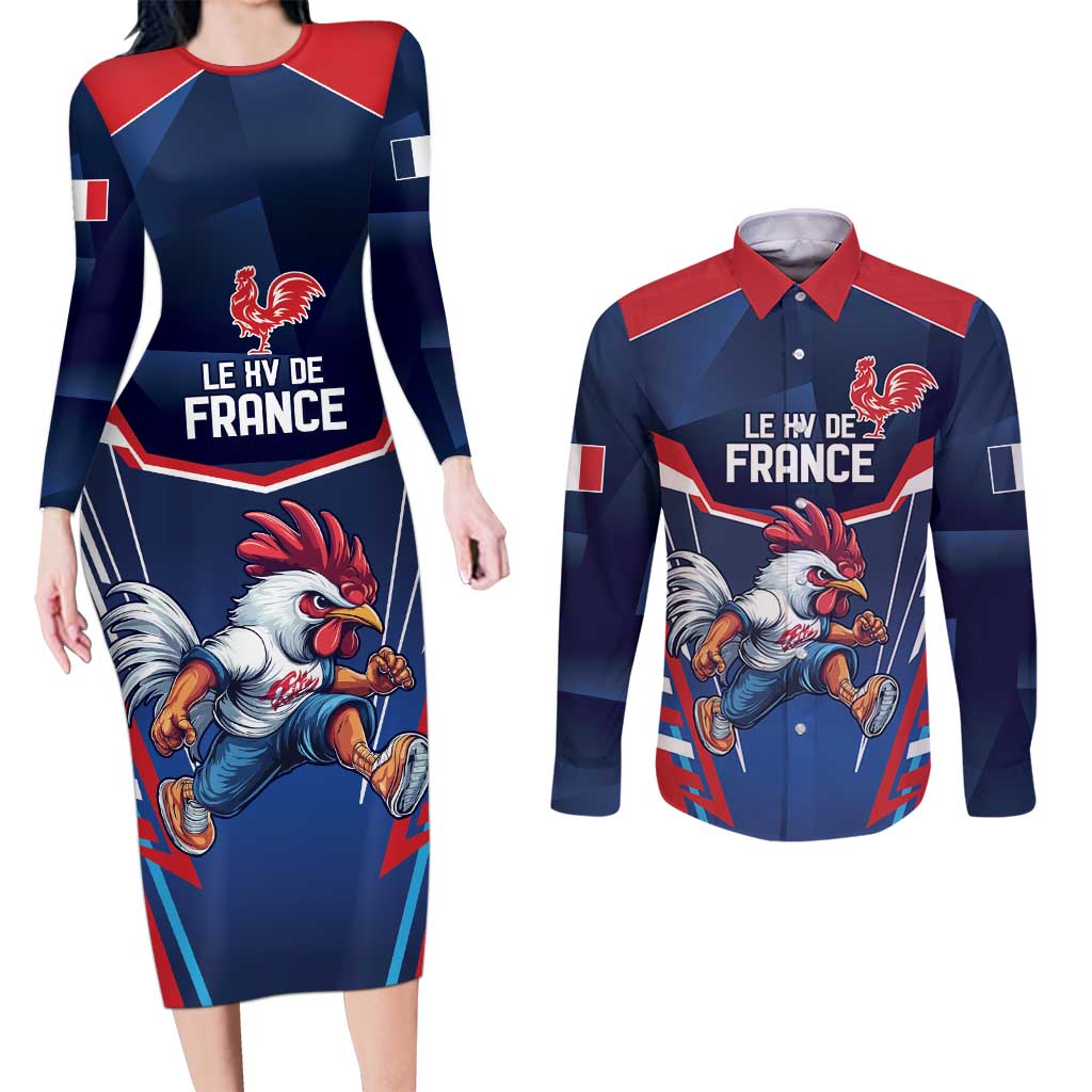 France Rugby Custom Couples Matching Long Sleeve Bodycon Dress and Long Sleeve Button Shirt Coq Gaulois Never Less Than Everything