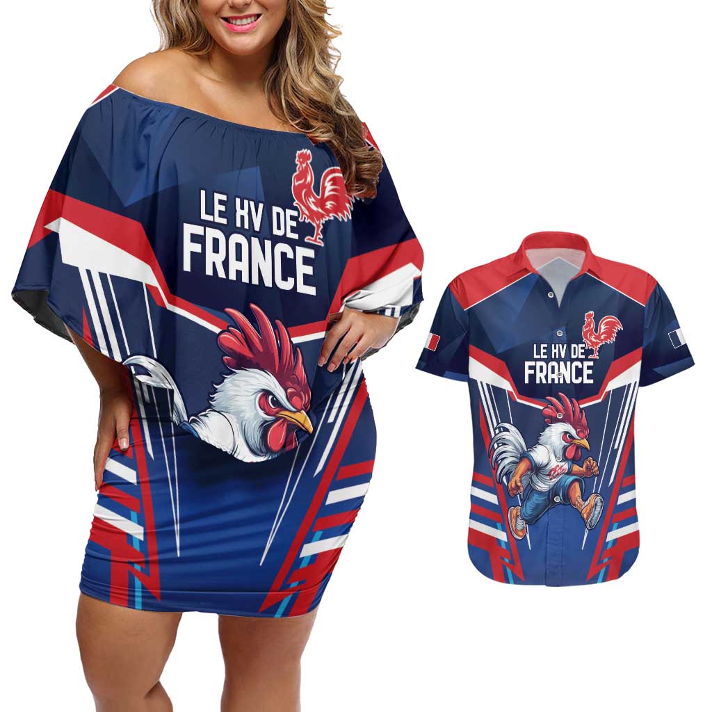 France Rugby Custom Couples Matching Off Shoulder Short Dress and Hawaiian Shirt Coq Gaulois Never Less Than Everything