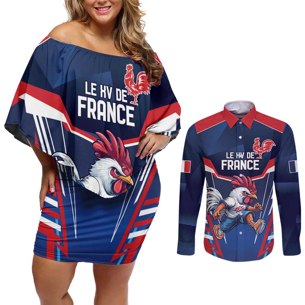 France Rugby Custom Couples Matching Off Shoulder Short Dress and Long Sleeve Button Shirt Coq Gaulois Never Less Than Everything