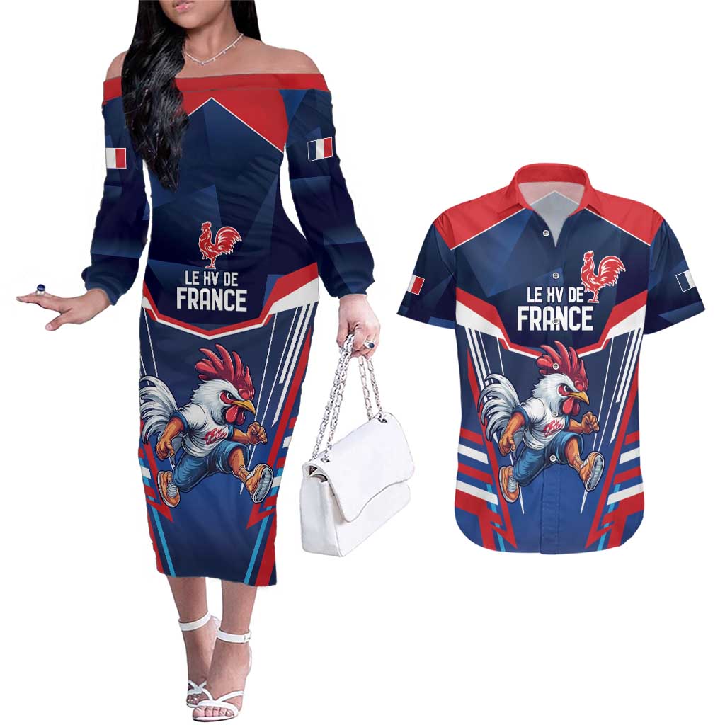 France Rugby Custom Couples Matching Off The Shoulder Long Sleeve Dress and Hawaiian Shirt Coq Gaulois Never Less Than Everything