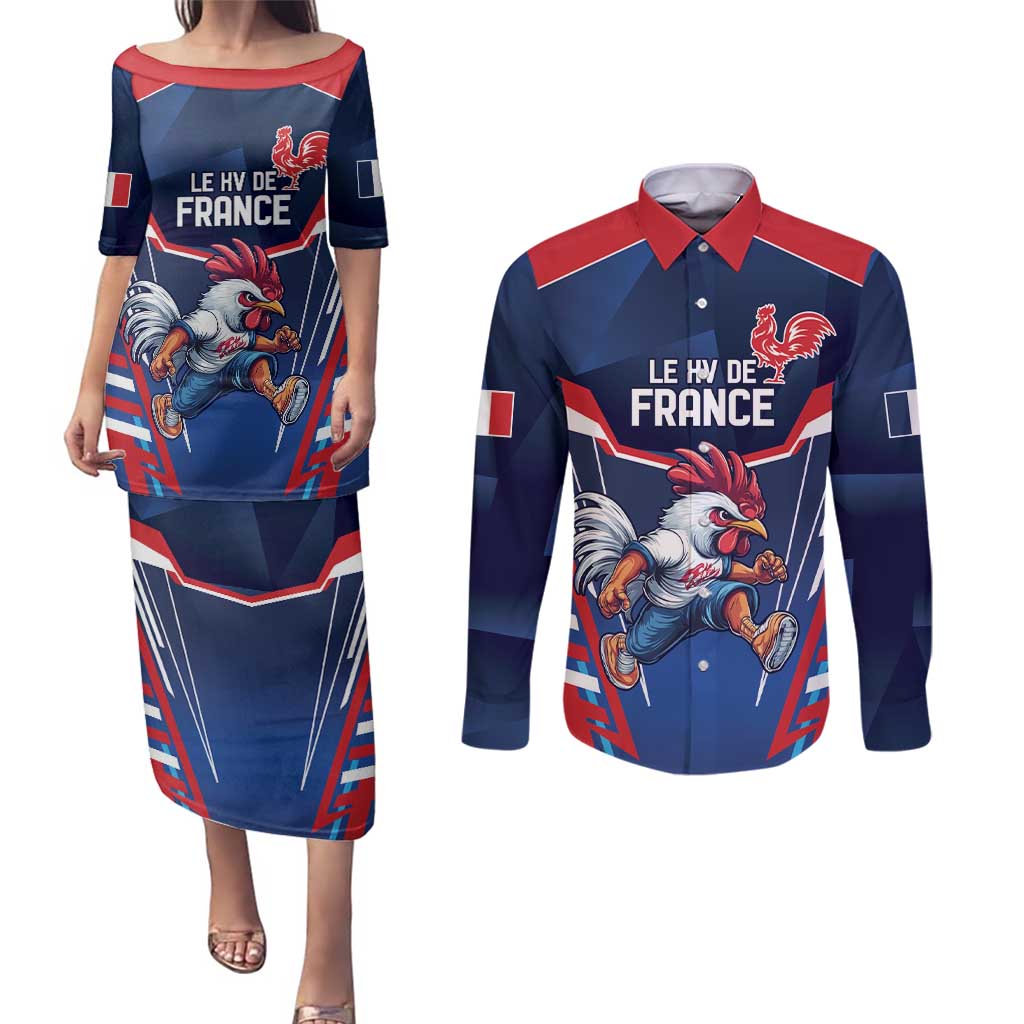 France Rugby Custom Couples Matching Puletasi and Long Sleeve Button Shirt Coq Gaulois Never Less Than Everything