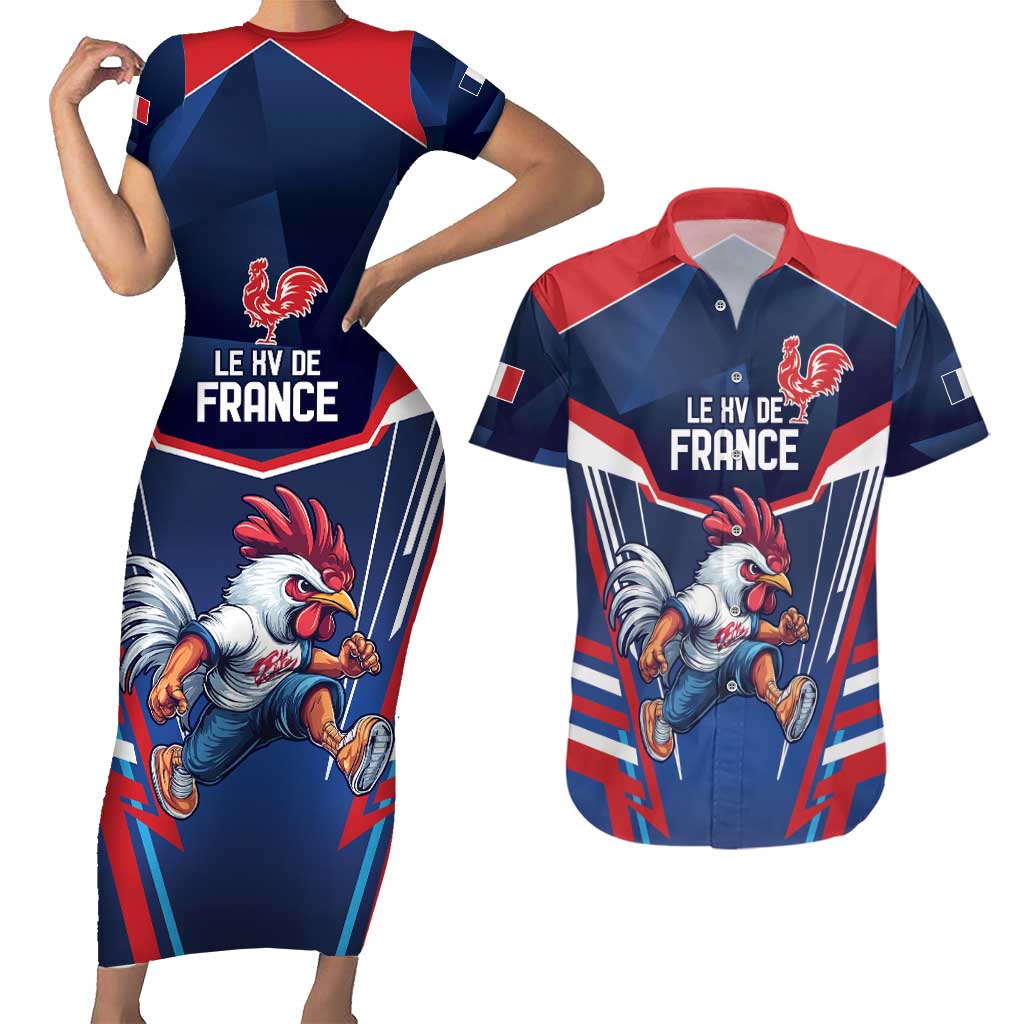 France Rugby Custom Couples Matching Short Sleeve Bodycon Dress and Hawaiian Shirt Coq Gaulois Never Less Than Everything