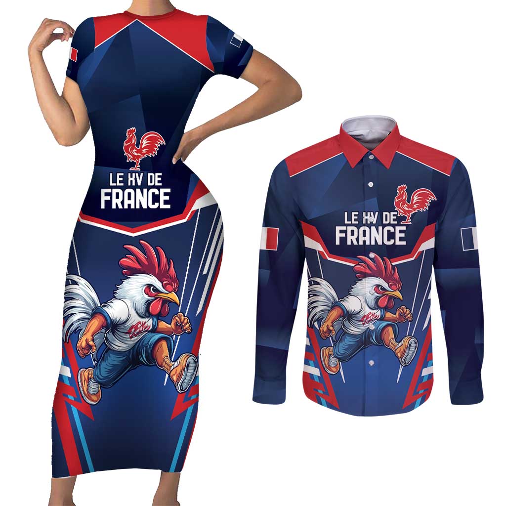 France Rugby Custom Couples Matching Short Sleeve Bodycon Dress and Long Sleeve Button Shirt Coq Gaulois Never Less Than Everything