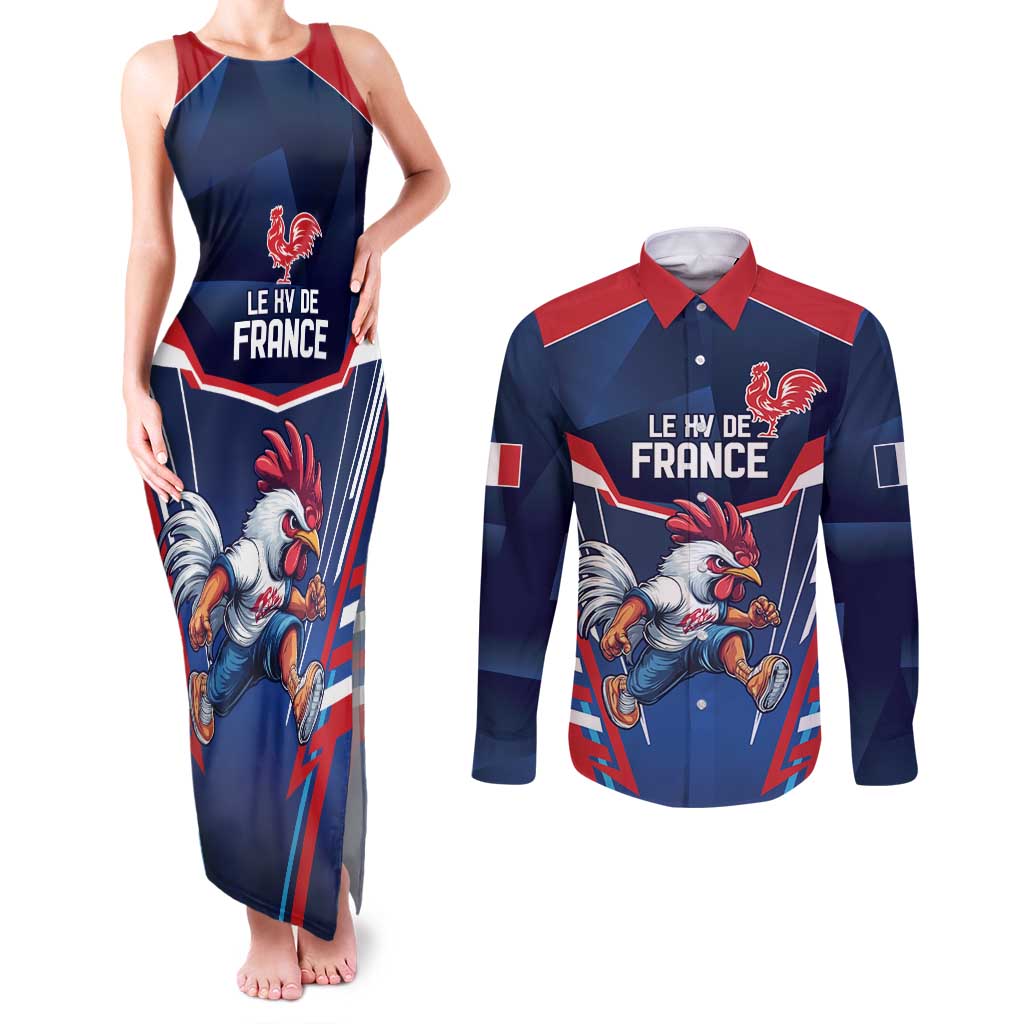 France Rugby Custom Couples Matching Tank Maxi Dress and Long Sleeve Button Shirt Coq Gaulois Never Less Than Everything