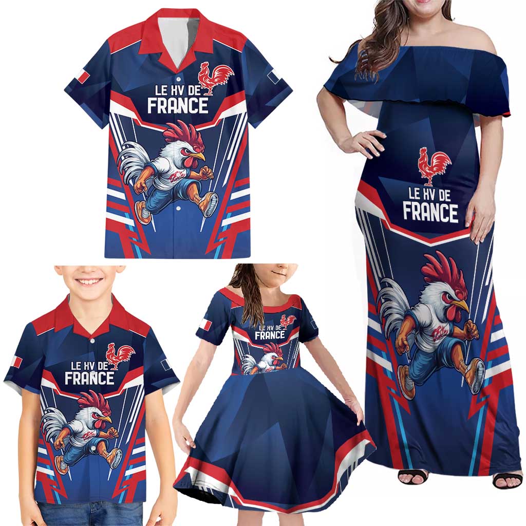 France Rugby Custom Family Matching Off Shoulder Maxi Dress and Hawaiian Shirt Coq Gaulois Never Less Than Everything