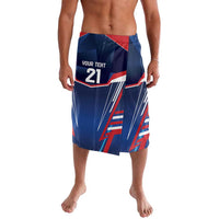Men's blue rugby board shorts with red and white graphic panel, elastic waistband